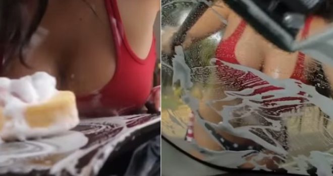 Dëshironi që kjo femër seksi t’jua lajë makinën? (VIDEO)