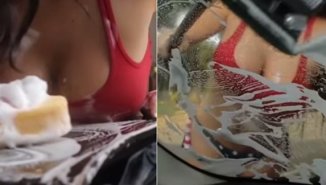Dëshironi që kjo femër seksi t’jua lajë makinën? (VIDEO)