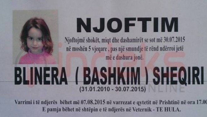Nesër varroset pesëvjeçarja Blinera Sheqiri, që vuante nga kanceri