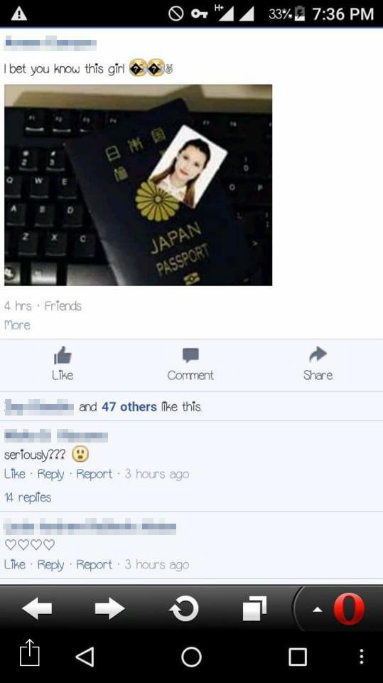 The photo of Maria Ozawa's pasport which got shared online. See SWNS story SWPORN; A former porn star is furious after immigration officials recognised her from hardcore films - then shared pictures of her passport online. Japanese adult actress Maria Ozawa, 30, gave her ID card and passport to immigration officials to update her work permit in Manila, the Philippines. The 'AV Idol', who now runs a bar, was horrified when days later friends told her that a picture of her documents had been posted on social media. She found photos which appear to have been shared by government worker Armee Camzon of her passport and ID card pictured over a keyboard with the caption 'I bet you know this girl' followed by two crying laughing emojis.